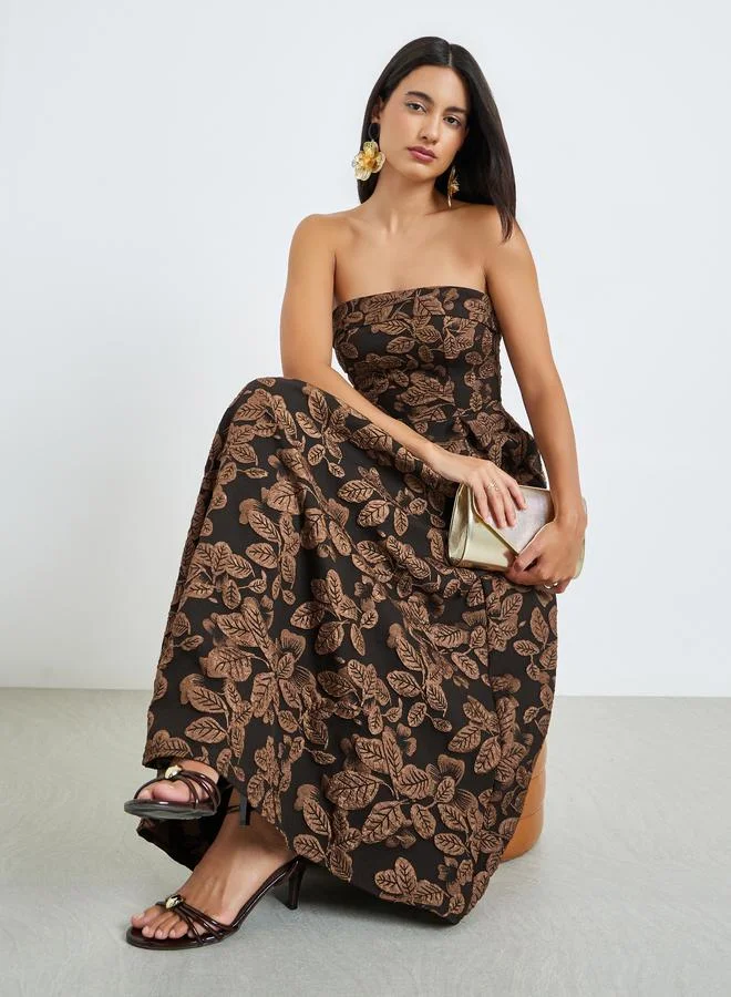 Styli Black Jacquard Sleeveless A-Line Maxi Dress