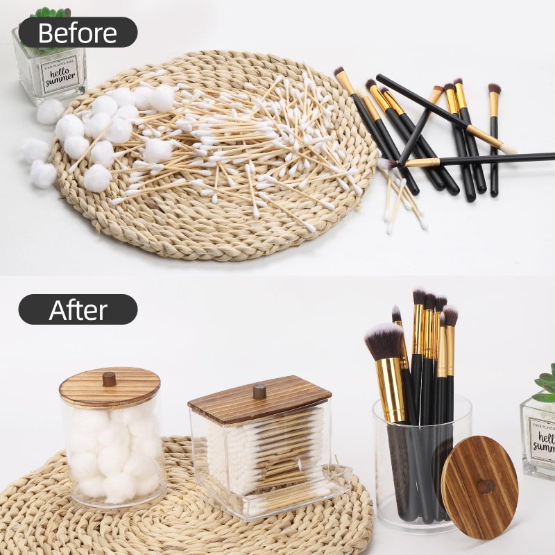 Tbestmax Qtips Dispenser Bathroom Container, 10/12 oz Big Cotton Ball Holder, Apothecary Jar Organizer for Storage Cotton Swab, Round Pads, Floss Picks (Brown Wood Lids) - Image 4