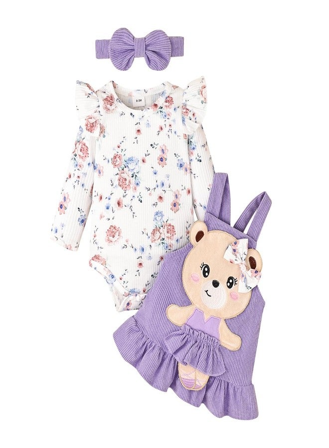 FOCICI 18 Month Girl Clothes Suspender Skirt Newborn Ruffled Flower Romper + Cute Bear Dress + Headband Fall Winter Outfits 3 Pcs Purple 12-18 Months - Image 1