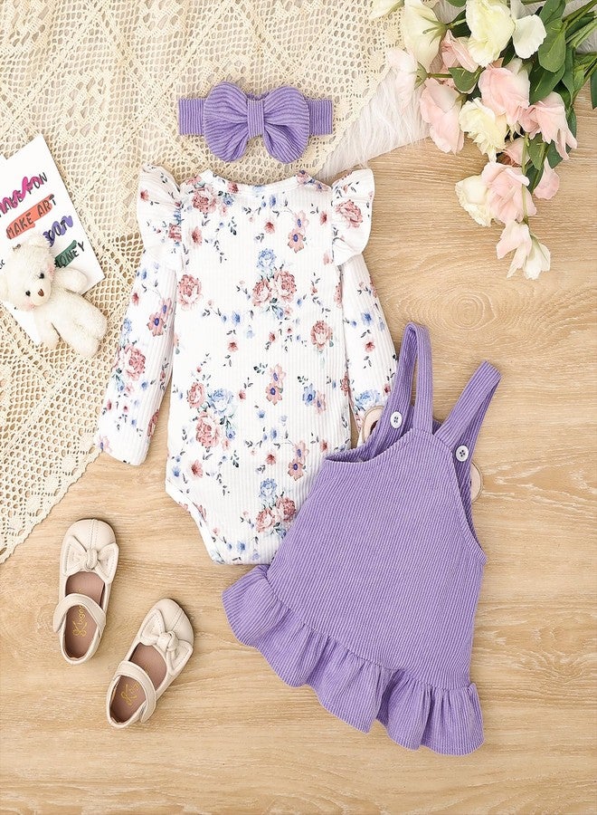 FOCICI 18 Month Girl Clothes Suspender Skirt Newborn Ruffled Flower Romper + Cute Bear Dress + Headband Fall Winter Outfits 3 Pcs Purple 12-18 Months - Image 3