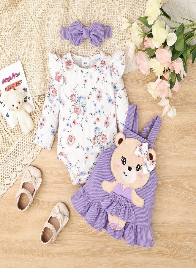 FOCICI 18 Month Girl Clothes Suspender Skirt Newborn Ruffled Flower Romper + Cute Bear Dress + Headband Fall Winter Outfits 3 Pcs Purple 12-18 Months - Image 2