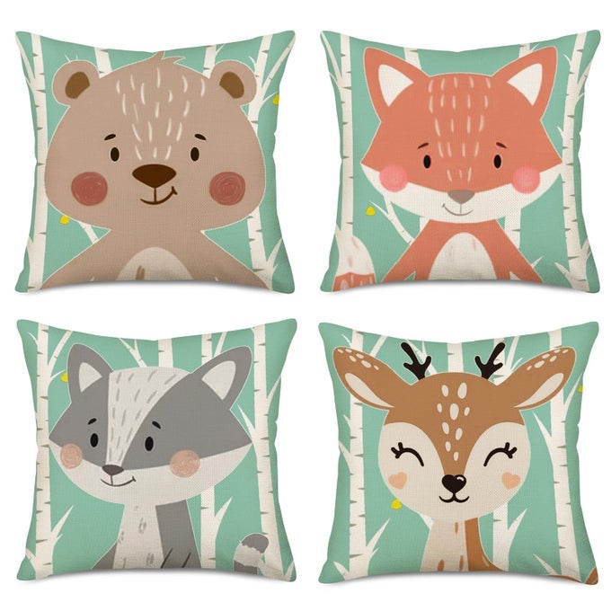 Set of 4 Throw Pillow Cases Cartoon Animal Woodland Decorative Cotton Linen Cushion Cover Bear Fox Rabbit Home Baby Room Decor Standard Pillowcase 18x18 Inches