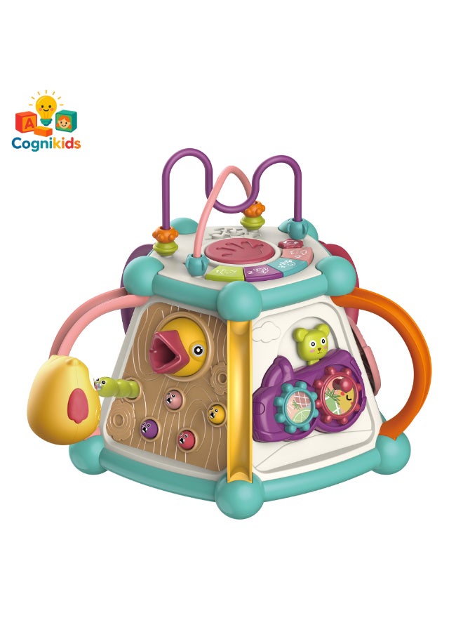 COGNIKIDS لعبة مكعب النشاط للأطفال 7 في 1 – صندوق تعليمي حسي مع موسيقى، أضواء، فرز الأشكال، تروس، وضع القيادة، ساعة ولعبة حشرات | لعبة مونتيسوري للأطفال من عمر 12 شهرًا وما فوق - Image 2
