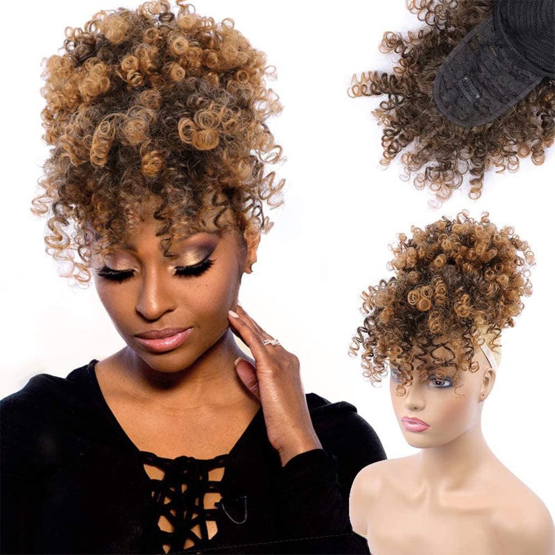 ENTRANCED STYLES Drawstring Ponytail with Bangs Afro Puff Ponytail Extensions for Women Short Curly Puff Ponytail with Bangs Clip in Wrap Updo Hairpiece for WomenT30