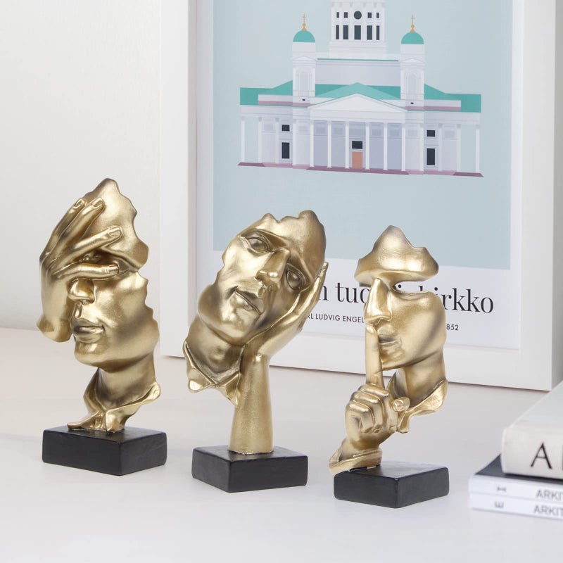 prosfalt 3 Pcs Thinker Statue, Silence is Gold Abstract Art Figurine, No Hear No See No Speak Modern Home Resin Sculptures Decorative Objects Decor for Home Office Bookshelf Desktop(Gold), A-41 - Image 4