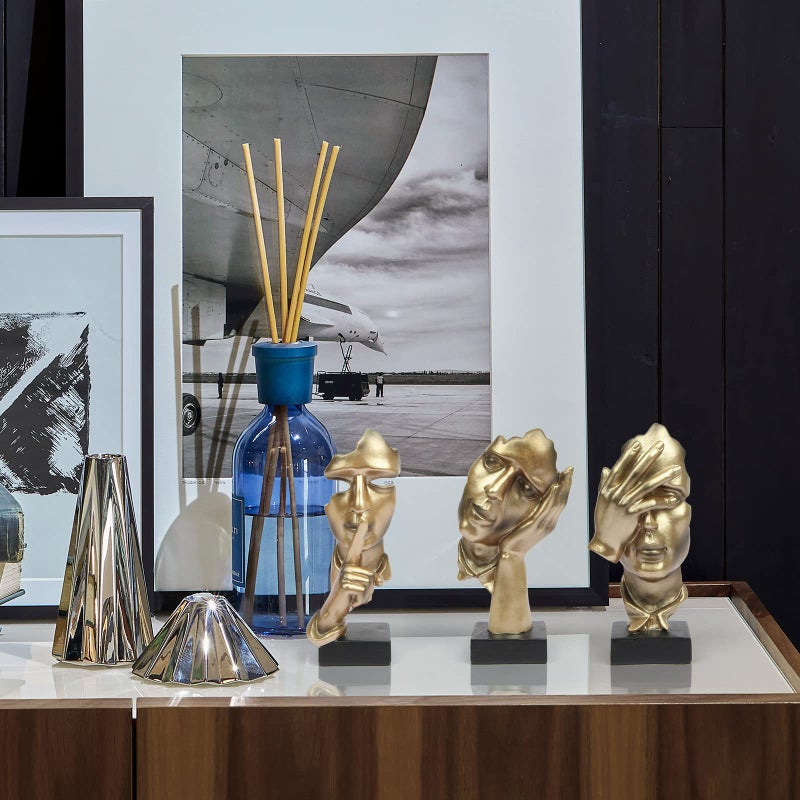 prosfalt 3 Pcs Thinker Statue, Silence is Gold Abstract Art Figurine, No Hear No See No Speak Modern Home Resin Sculptures Decorative Objects Decor for Home Office Bookshelf Desktop(Gold), A-41 - Image 3