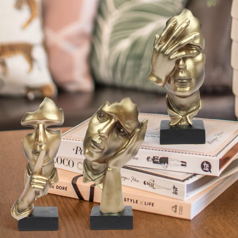 prosfalt 3 Pcs Thinker Statue, Silence is Gold Abstract Art Figurine, No Hear No See No Speak Modern Home Resin Sculptures Decorative Objects Decor for Home Office Bookshelf Desktop(Gold), A-41 - Image 2