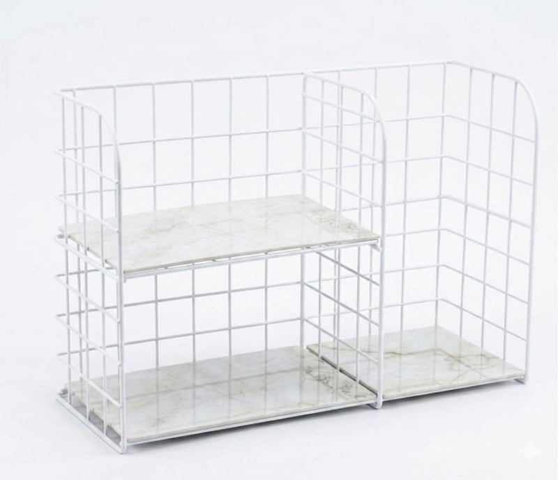 Kitchen Storage Organizer Rack With Marble Base, Metal Wire Shelf Countertop Cabinet Storage Basket, 2 Tier Multipurpose Kitchen Canisters Set For Spices Snacks Bathroom Office (white)
