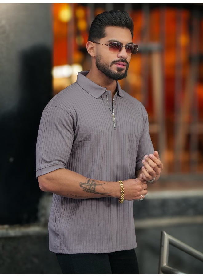 مانياك تيشيرت قطن رجالي ياقة بولو بنصف كم وسحاب نصفي لون رمادي فاتح - Image 3