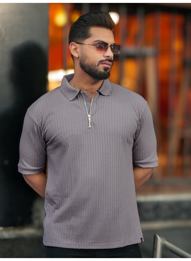 مانياك تيشيرت قطن رجالي ياقة بولو بنصف كم وسحاب نصفي لون رمادي فاتح - Image 2