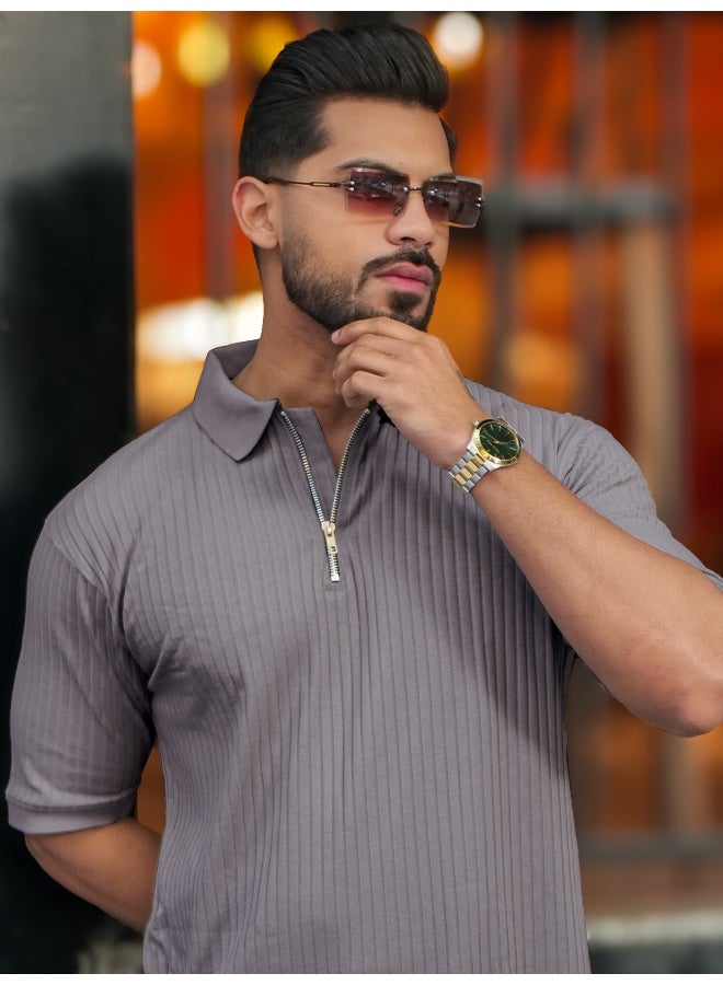 مانياك تيشيرت قطن رجالي ياقة بولو بنصف كم وسحاب نصفي لون رمادي فاتح - Image 1