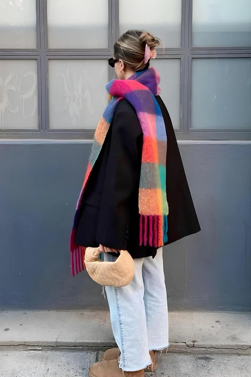Bahels Imported Puffy Rainbow Square Pattern Scarf Shawl Shoulder Shawl