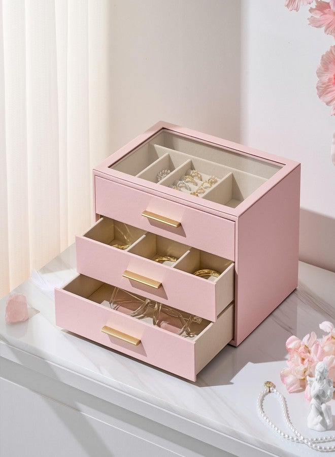 pickpiff صندوق تنظيم المجوهرات من بيكبيف للنساء: صندوق تخزين مجوهرات مكون من 3 طبقات مع نافذة زجاجية، جلد وردي مع حامل مخملي للخواتم والقلائد والأساور والدبابيس والساعات، هدية رائعة لها - Image 2