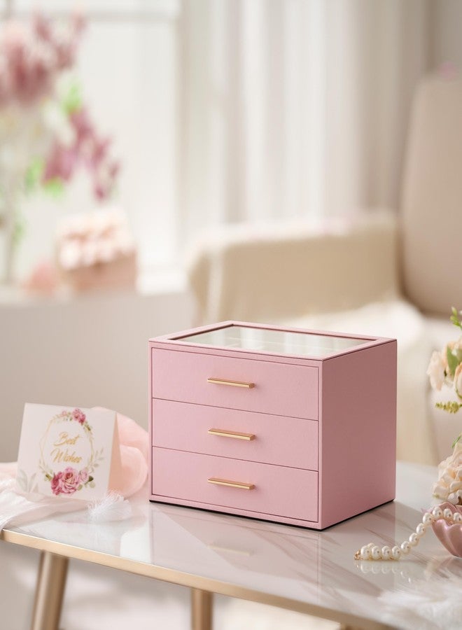 pickpiff صندوق تنظيم المجوهرات من بيكبيف للنساء: صندوق تخزين مجوهرات مكون من 3 طبقات مع نافذة زجاجية، جلد وردي مع حامل مخملي للخواتم والقلائد والأساور والدبابيس والساعات، هدية رائعة لها - Image 3