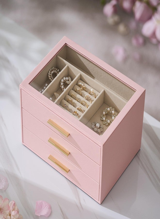 pickpiff صندوق تنظيم المجوهرات من بيكبيف للنساء: صندوق تخزين مجوهرات مكون من 3 طبقات مع نافذة زجاجية، جلد وردي مع حامل مخملي للخواتم والقلائد والأساور والدبابيس والساعات، هدية رائعة لها - Image 4