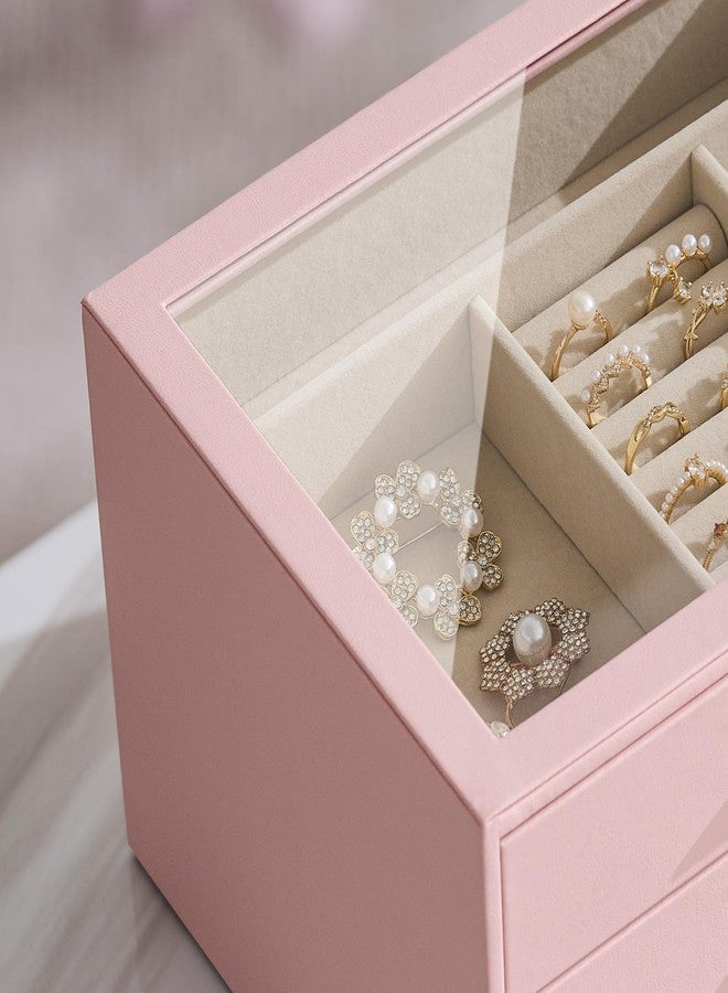 pickpiff صندوق تنظيم المجوهرات من بيكبيف للنساء: صندوق تخزين مجوهرات مكون من 3 طبقات مع نافذة زجاجية، جلد وردي مع حامل مخملي للخواتم والقلائد والأساور والدبابيس والساعات، هدية رائعة لها - Image 5