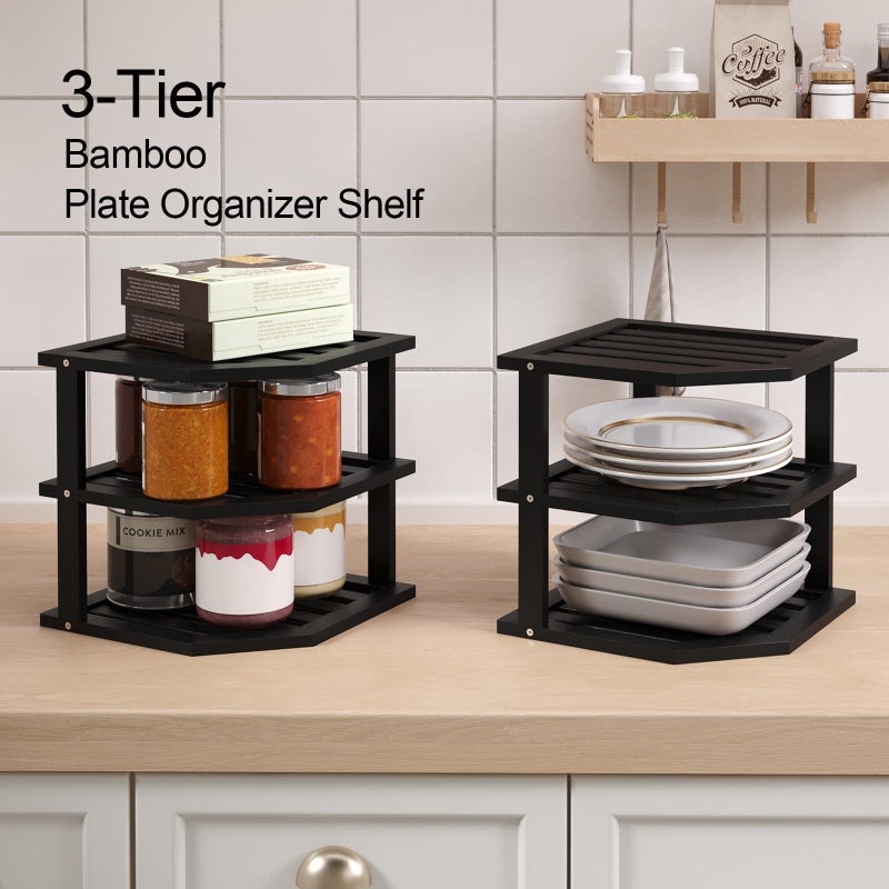 VERTORGAN 3 Tier Bamboo Corner Shelf(2 Pack),Dish Drying Rack,Plate Organizer,Kitchen Spice Rack for Countertop and Cabinet(Black) - Image 3