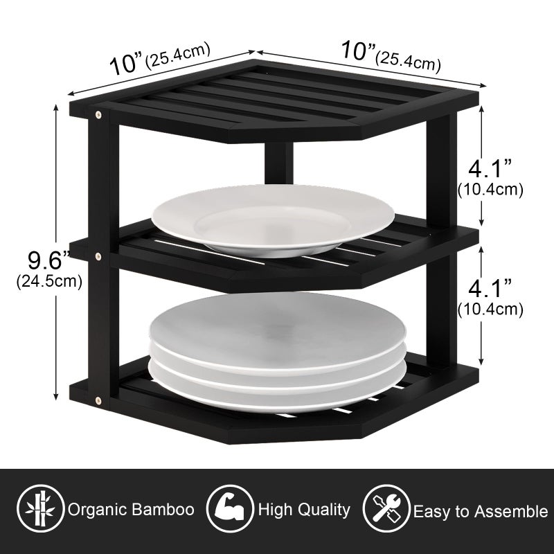 VERTORGAN 3 Tier Bamboo Corner Shelf(2 Pack),Dish Drying Rack,Plate Organizer,Kitchen Spice Rack for Countertop and Cabinet(Black) - Image 2