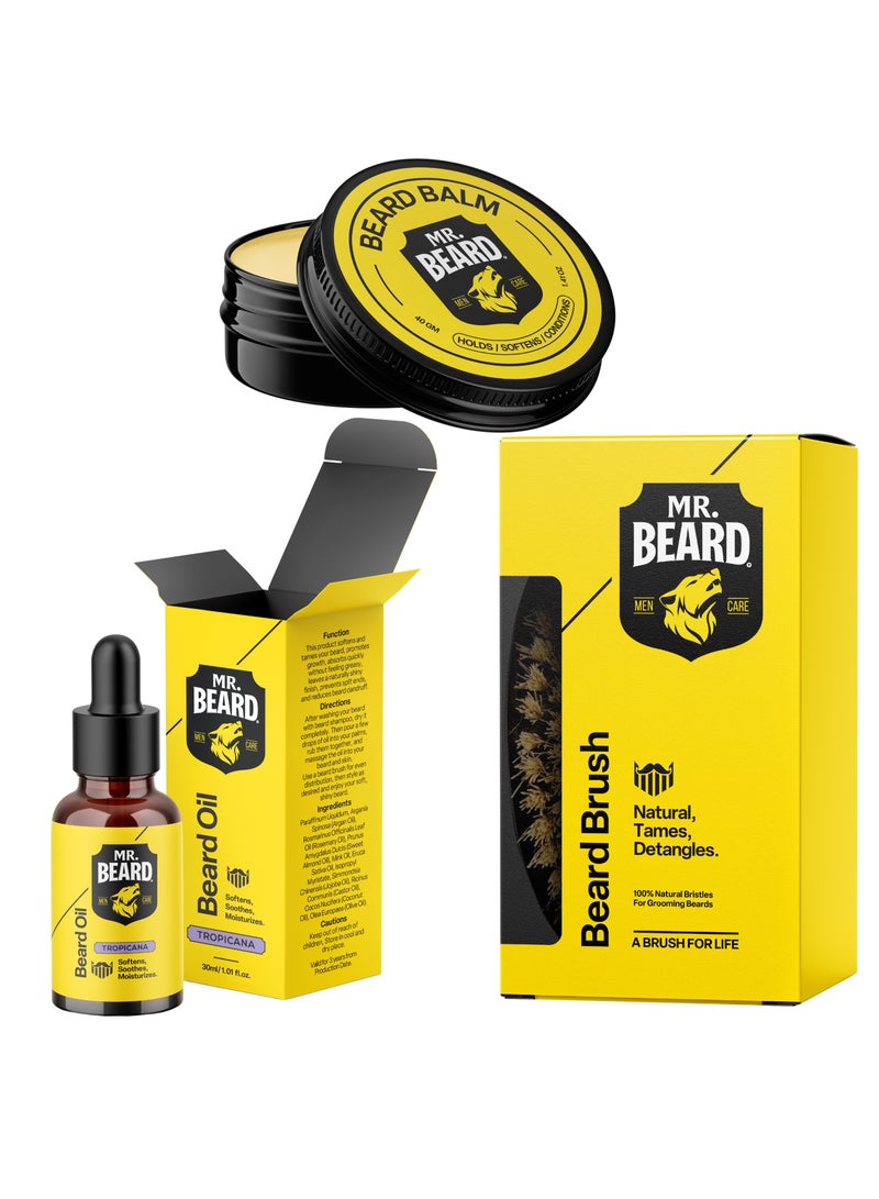 Mr.Beard Complete Beard Care Kit Beard Brush + Beard Balm + Tropicana Beard Oil - Image 1