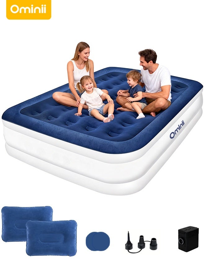 Ominii Double High Air Mattress 200×150×40cm with Built-In Electric Pump, Fast Inflation, Soft Flocked Top, Anti-Slip PVC Base, Indoor & Outdoor Use, Includes 2 Pillows + Repair Patch + Carry Bag - Image 1