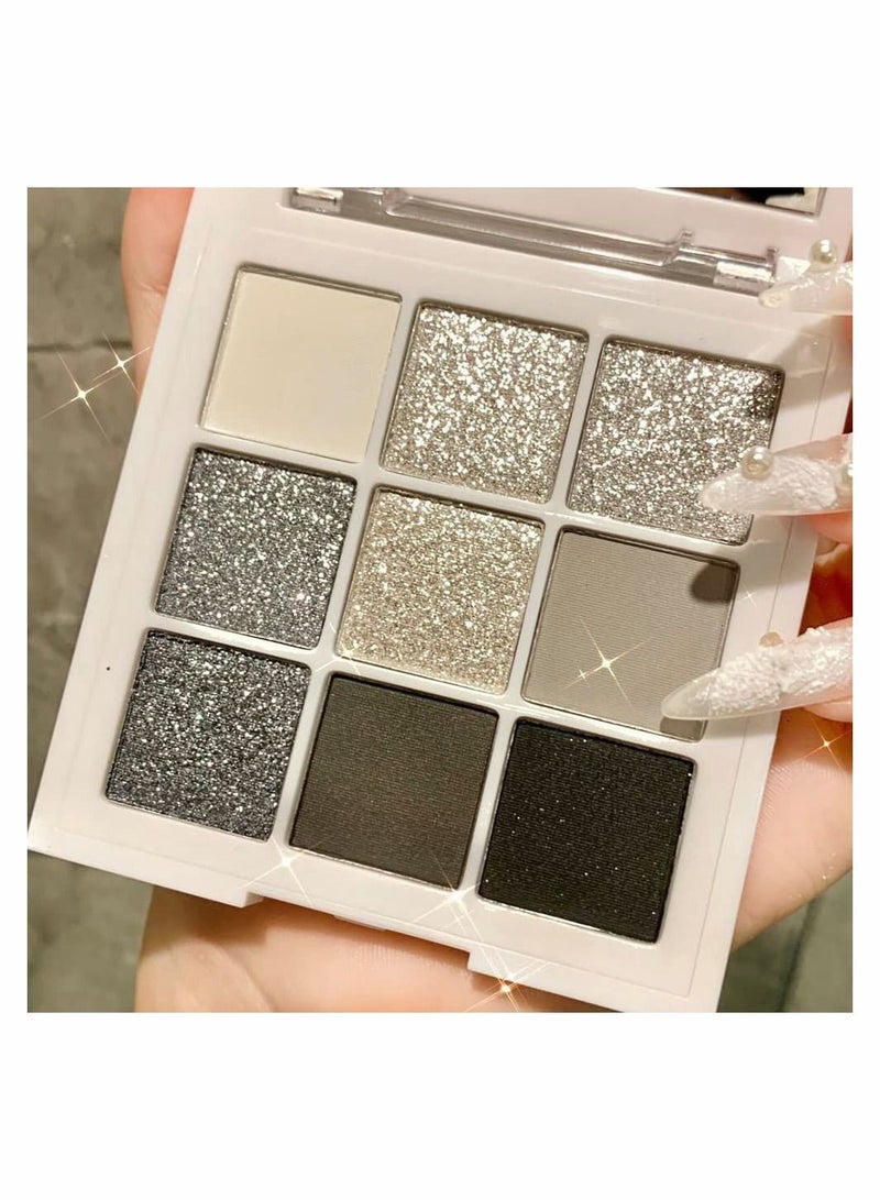 SYOSI Black White Smokey Eyeshadow Palette, 9 Colors Matte Glitter Eyeshadow Makeup Palette Silver Gray Eye Shadow for Girls and Women, with Prism Mirror - Image 1
