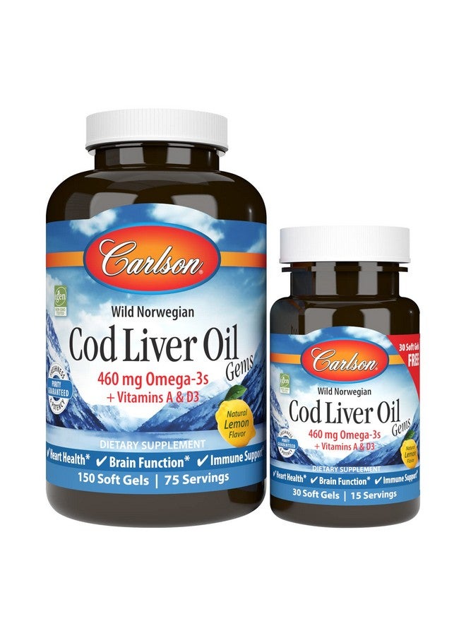 Carlson Cod Liver Oil Gems 460 Mg Omega3S + Vitamins A & D3 Wildcaught Norwegian Arctic Cod Liver Oil Sustainably Sourced Nordic Fish Oil Capsules Lemon 150+30 Softgels - Image 1