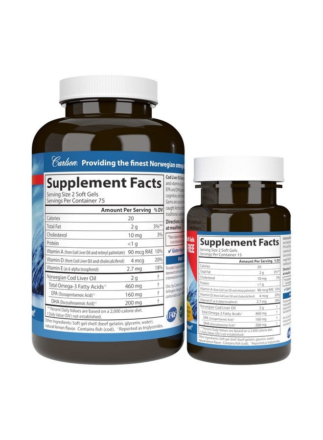 Carlson Cod Liver Oil Gems 460 Mg Omega3S + Vitamins A & D3 Wildcaught Norwegian Arctic Cod Liver Oil Sustainably Sourced Nordic Fish Oil Capsules Lemon 150+30 Softgels - Image 3