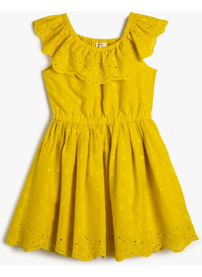 KOTON Midi Dress Frilled Scalloped Flowy Collar Cotton Lined