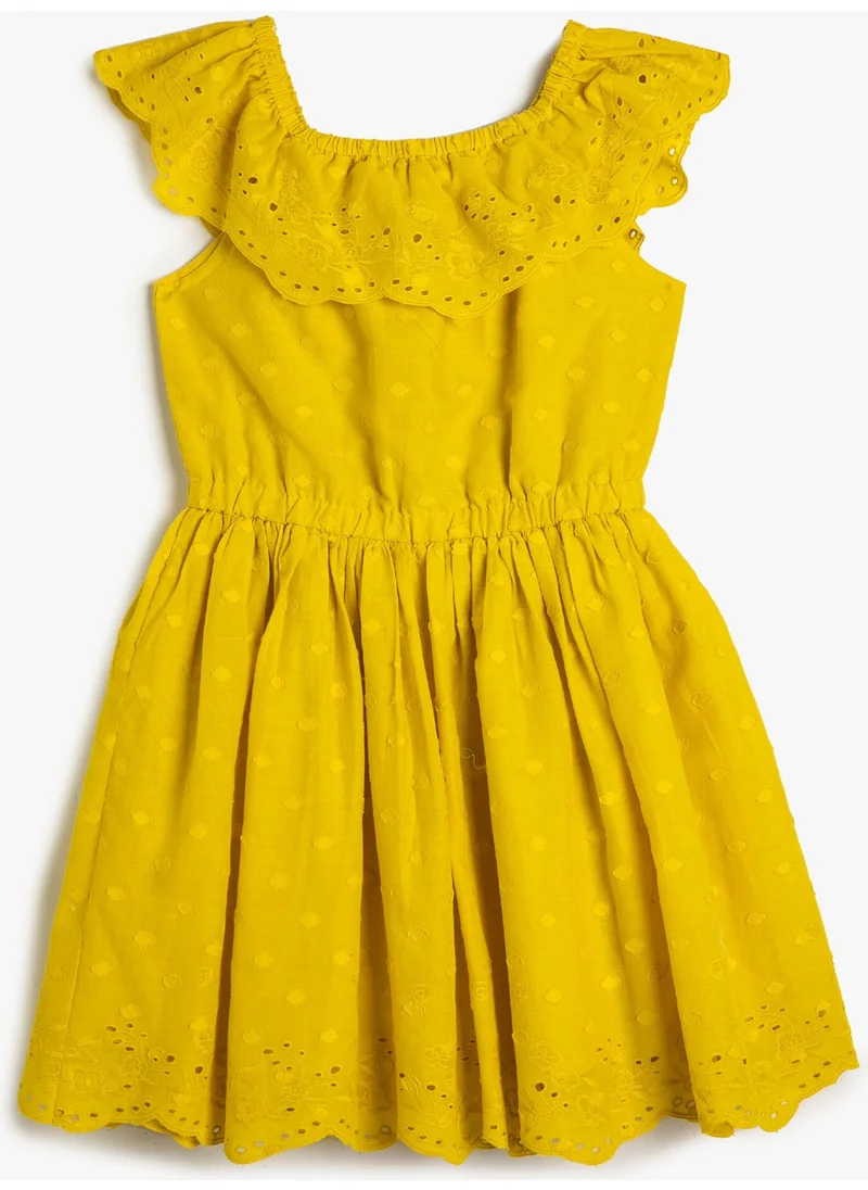 كوتون Midi Dress Frilled Scalloped Flowy Collar Cotton Lined