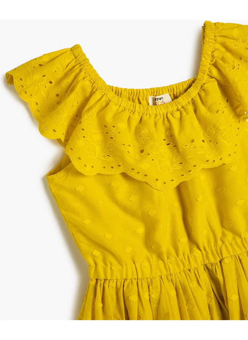 كوتون Midi Dress Frilled Scalloped Flowy Collar Cotton Lined