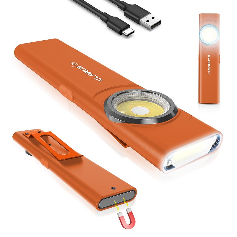 klarus E5 Pocket Flashlight, Rechargeable EDC Flashlight, Super Slim 4.2x1x0.3inch, 600 Lumens, USB-C Port, IPX4, Dual Light Source with Magnetic Base, Hat & Clothes Clip - Orange - Image 1