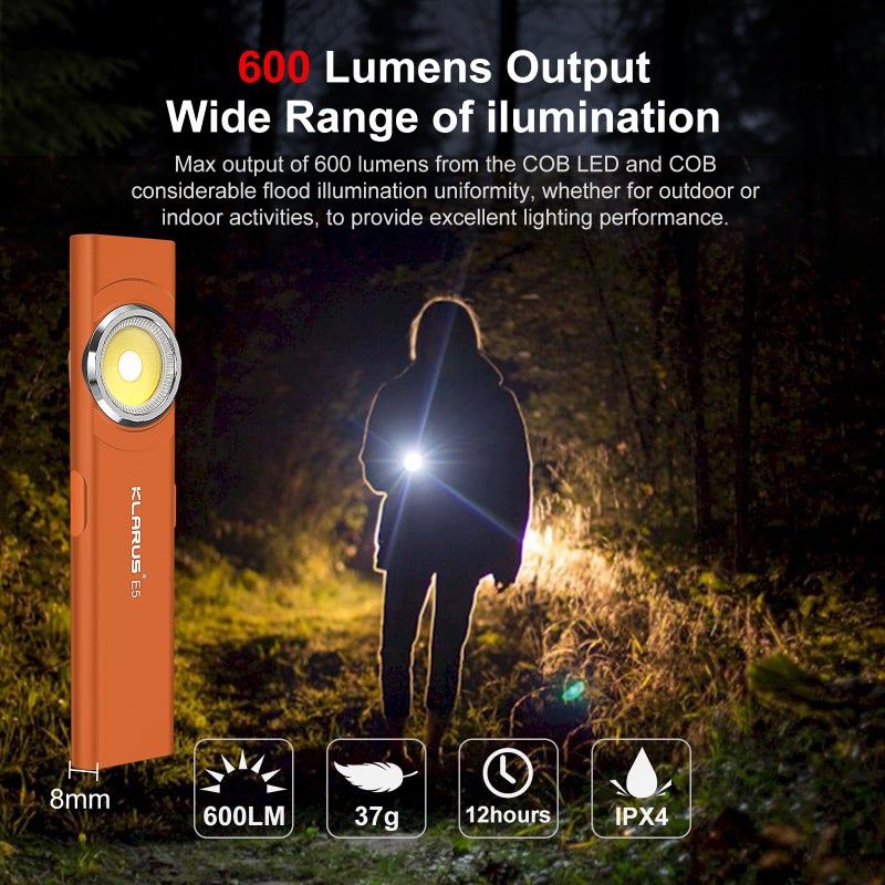klarus E5 Pocket Flashlight, Rechargeable EDC Flashlight, Super Slim 4.2x1x0.3inch, 600 Lumens, USB-C Port, IPX4, Dual Light Source with Magnetic Base, Hat & Clothes Clip - Orange - Image 2