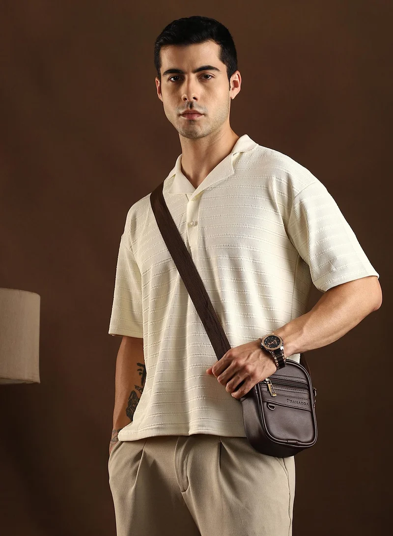 كامبوس سوترا Men's Cream White Coil-Tactile Cuban Polo T-Shirt For Casual Wear | Polo Neck | Short Cuffed Sleeves | Half-Button Closure | T-Shirt Crafted With Comfort Fit For Everyday Wear