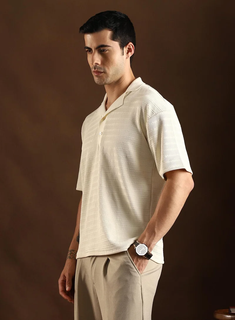 CAHOOT  Men's Cream White Coil-Tactile Cuban Polo T-Shirt For Casual Wear | Polo Neck | Short Cuffed Sleeves | Half-Button Closure | T-Shirt Crafted With Comfort Fit For Everyday Wear for Men | Best Price UAE