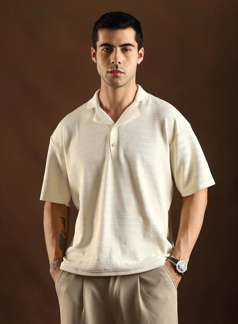 كامبوس سوترا Men's Cream White Coil-Tactile Cuban Polo T-Shirt For Casual Wear | Polo Neck | Short Cuffed Sleeves | Half-Button Closure | T-Shirt Crafted With Comfort Fit For Everyday Wear