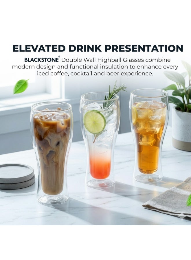 BLACKSTONE Double Wall Glass Set of 2 – 450ML Borosilicate Insulated Clear Highball Glass for Beer Soft Drinks & Tropical Beverages Thermal Heat Resistant Cup, DBM007 - Image 5