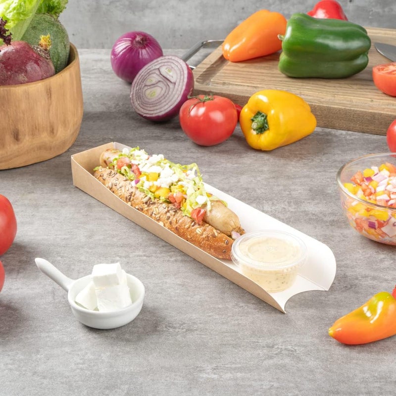 Restaurantware Bio Tek 118 x 2 x 13 Inch Hot Dog Trays 200 OpenDesign Hot Dog Containers  Greaseproof Recyclable Kraft Paper Hot Dog Serving Trays - Image 3