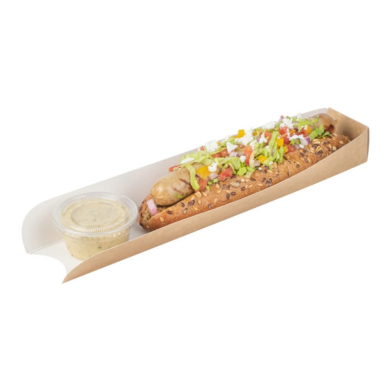 Restaurantware Bio Tek 118 x 2 x 13 Inch Hot Dog Trays 200 OpenDesign Hot Dog Containers  Greaseproof Recyclable Kraft Paper Hot Dog Serving Trays - Image 1