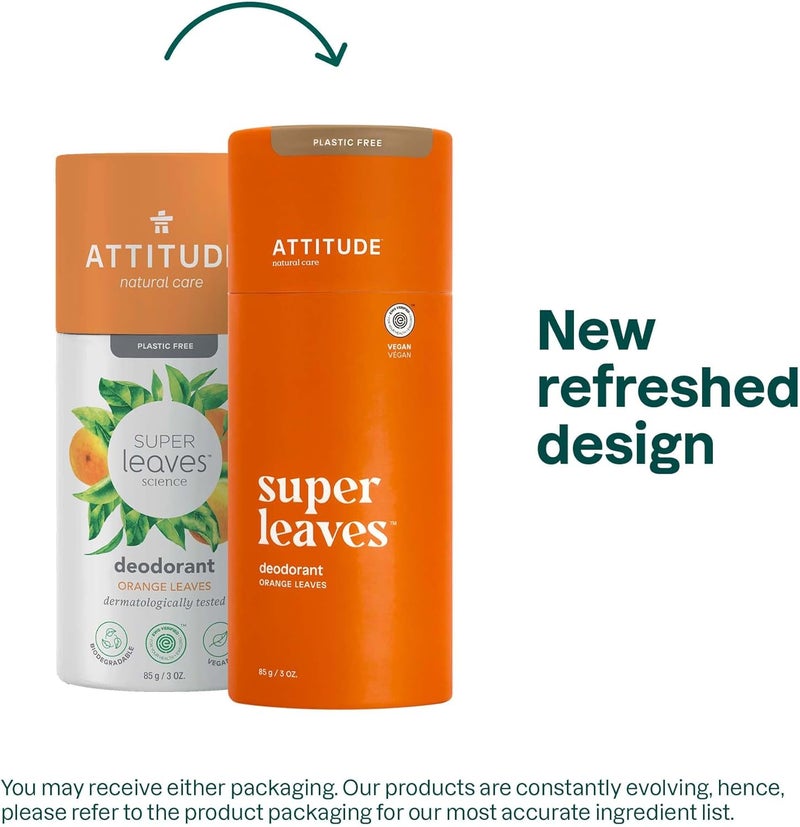 ATTITUDE Plastic-Free Natural Deodorant, PLant- and Mineral-Based Ingredients, Biodegradable Cardboard Tube, Aluminum-Free, Orange Leaves, 3 Ounce - Image 1