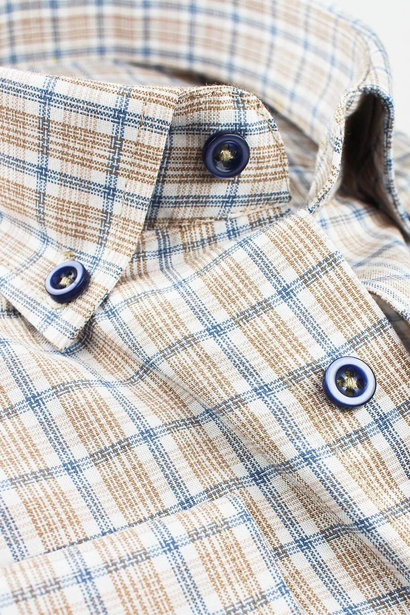 Varetta Men's Gold Blue Classic Cut Check Collar Buttoned One Pocket Long Sleeve Shirt