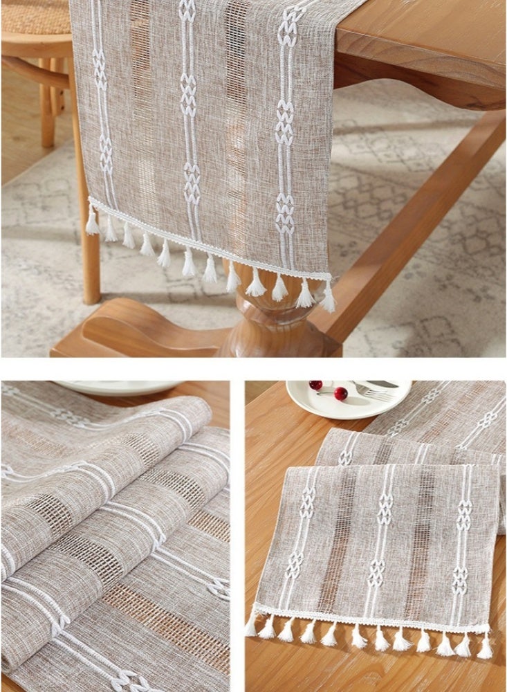 33×240cm Boho Dusty Table Runner with Tassels Burlap Tassel Rustic Farmhouse Table Runner Long Dining Room Table Runners for Table Settings Decoration for Holiday Party Wedding and Dining Decorations Light Brown - Image 2