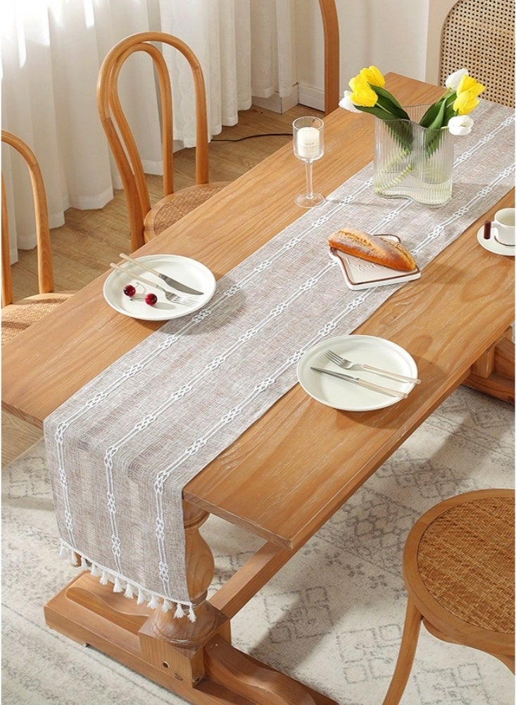 33×240cm Boho Dusty Table Runner with Tassels Burlap Tassel Rustic Farmhouse Table Runner Long Dining Room Table Runners for Table Settings Decoration for Holiday Party Wedding and Dining Decorations Light Brown - Image 1