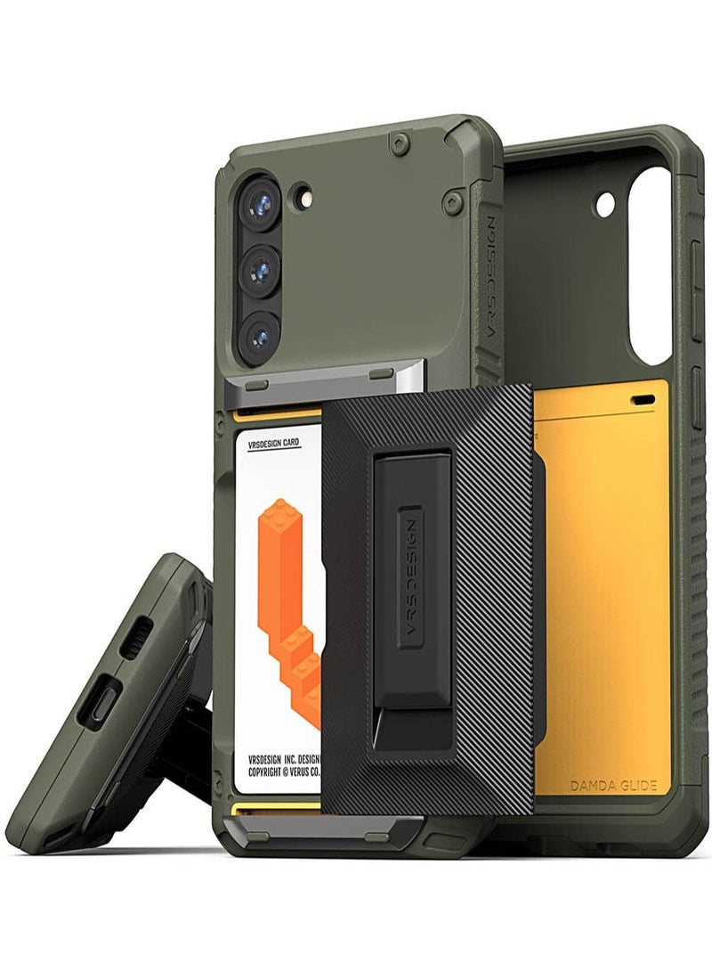 VRS Design Damda Glide Hybrid Samsung Galaxy S23 PLUS Case Cover Wallet with Semi Automatic Credit Card Holder Slot [3-4 Cards] & Kickstand - Green Groove - Image 1