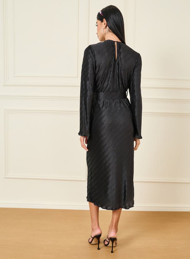 Styli Flare Sleeve Belted Plisse A-Line Midi Dress - Image 4