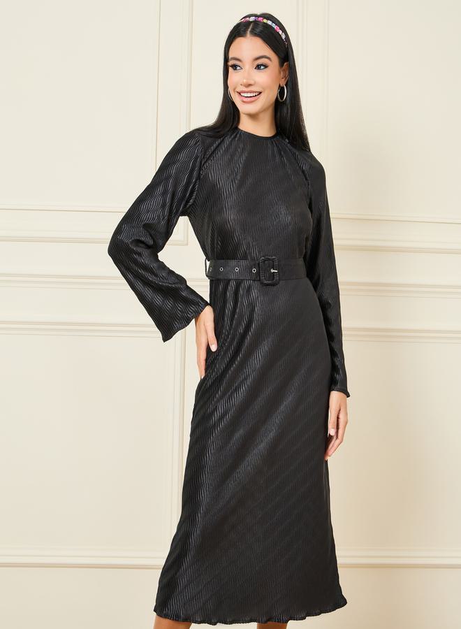 Styli Flare Sleeve Belted Plisse A-Line Midi Dress - Image 2