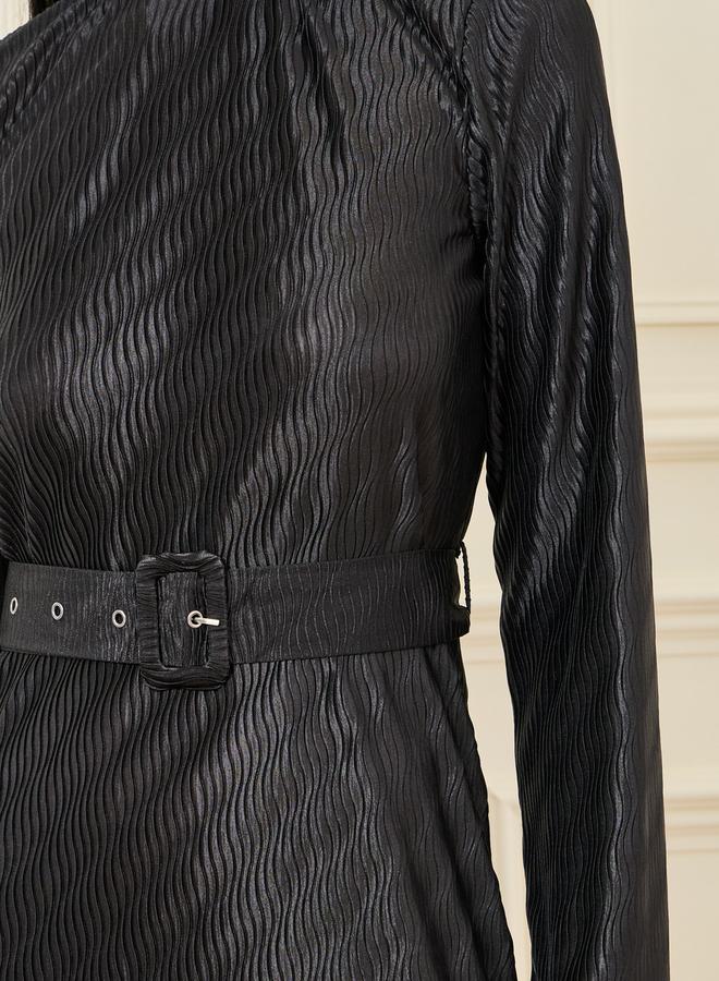 Styli Flare Sleeve Belted Plisse A-Line Midi Dress - Image 3