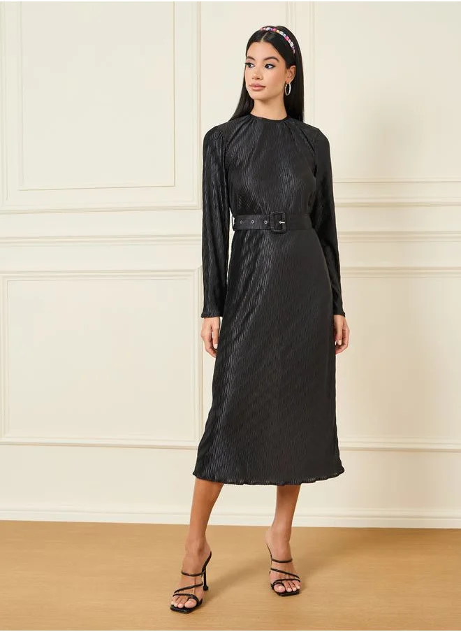 Styli Flare Sleeve Belted Plisse A-Line Midi Dress