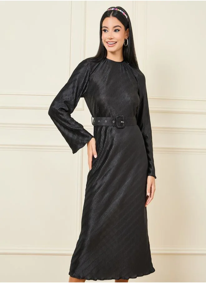 Styli Flare Sleeve Belted Plisse A-Line Midi Dress