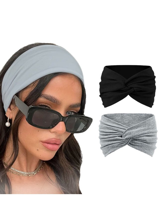 قطعتين من عصابات الرأس القطنية المحبوكة للنساء، بتصميم توربان بعقدة أنيقة، إكسسوارات شعر عصرية (رمادي وأسود) - Image 1