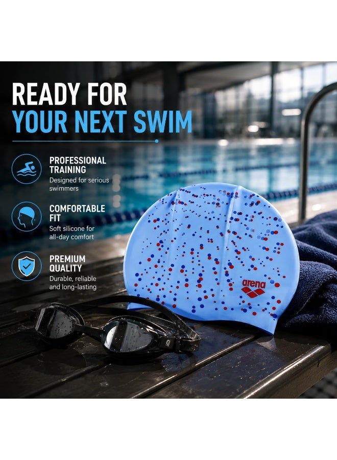 Arena silicone swim cap with colorful polka dot pattern – light blue - Image 2
